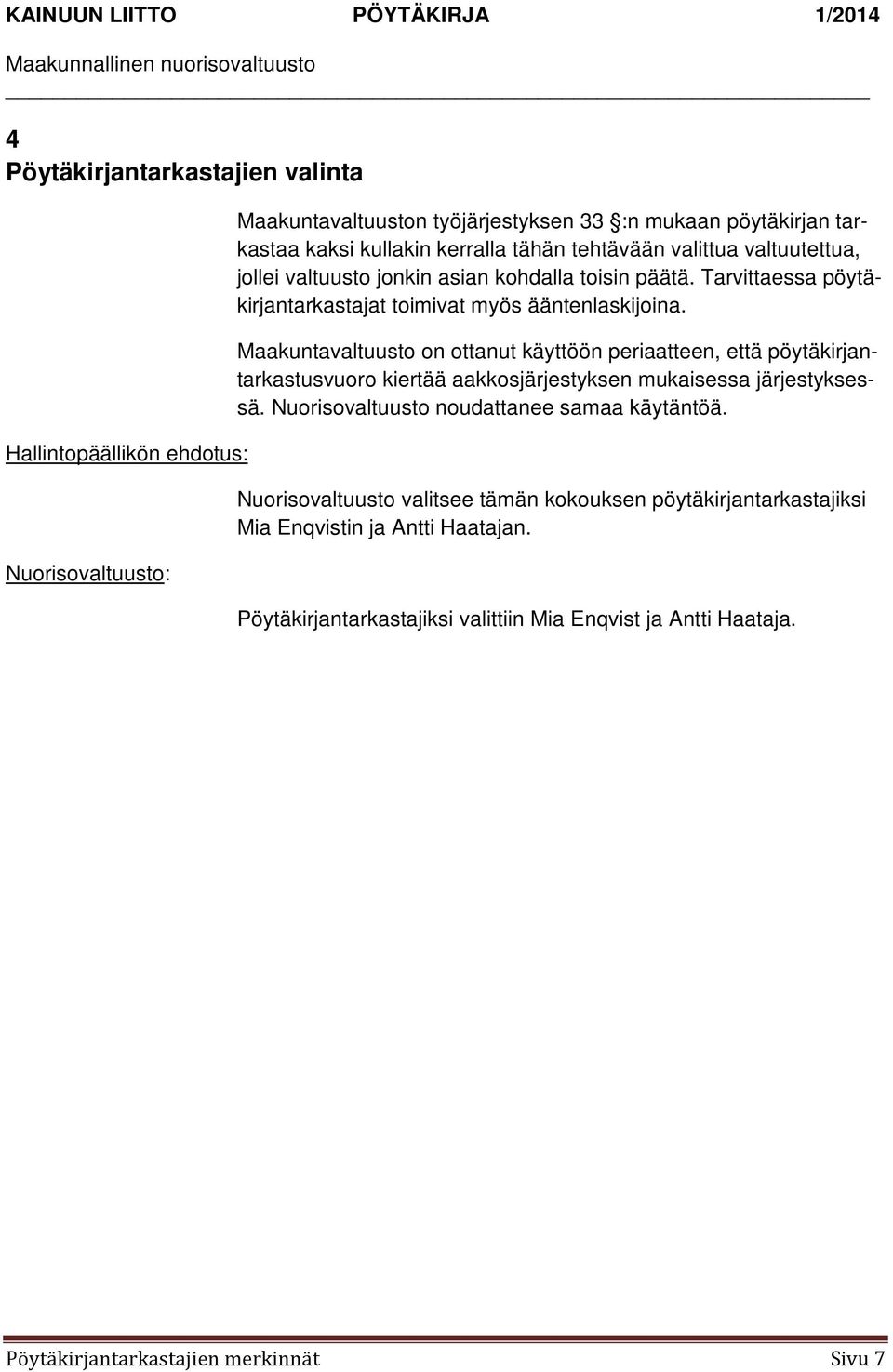 Maakuntavaltuusto on ottanut käyttöön periaatteen, että pöytäkirjantarkastusvuoro kiertää aakkosjärjestyksen mukaisessa järjestyksessä.