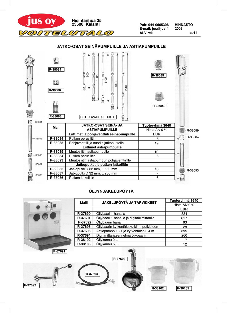 Jatkoputket ja putken jatkoliitin R38085 Jatkoputki D 32 mm, L 500 mm R38087 Jatkoputki D 32 mm, L 200 mm R3808 Putken jatkoliitin 19 10 13 7 R38089 R38084 R38093 ÖLJYNJAKELUPÖYTÄ JAKELUPÖYTÄ JA