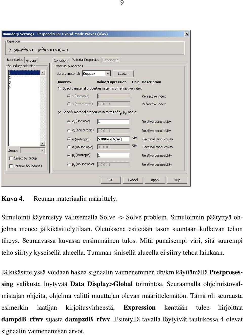 Tumman sinisellä alueella ei siirry tehoa lainkaan. Jälkikäsittelyssä voidaan hakea signaalin vaimeneminen db/km käyttämällä Postprosessing valikosta löytyvää Data Display>Global toimintoa.