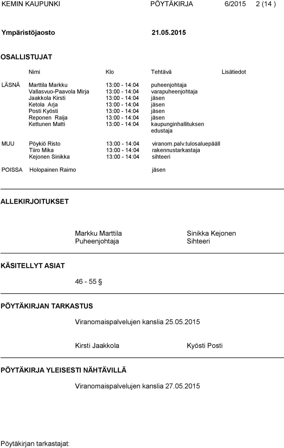 13:00-14:04 jäsen Posti Kyösti 13:00-14:04 jäsen Reponen Raija 13:00-14:04 jäsen Kettunen Matti 13:00-14:04 kaupunginhallituksen edustaja MUU Pöykiö Risto 13:00-14:04 viranom.palv.