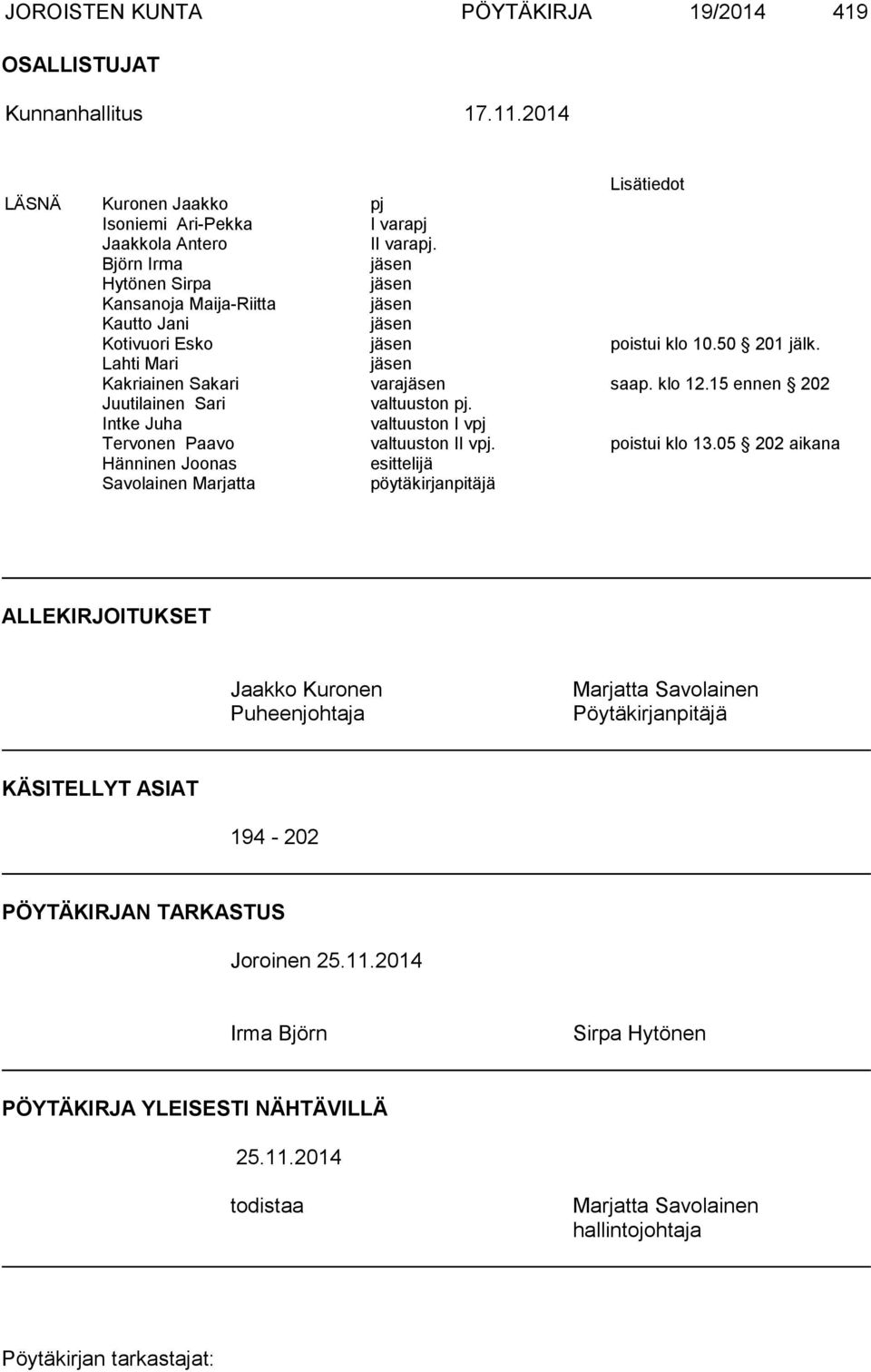 15 ennen 202 Juutilainen Sari valtuuston pj. Intke Juha valtuuston I vpj Tervonen Paavo valtuuston II vpj. poistui klo 13.
