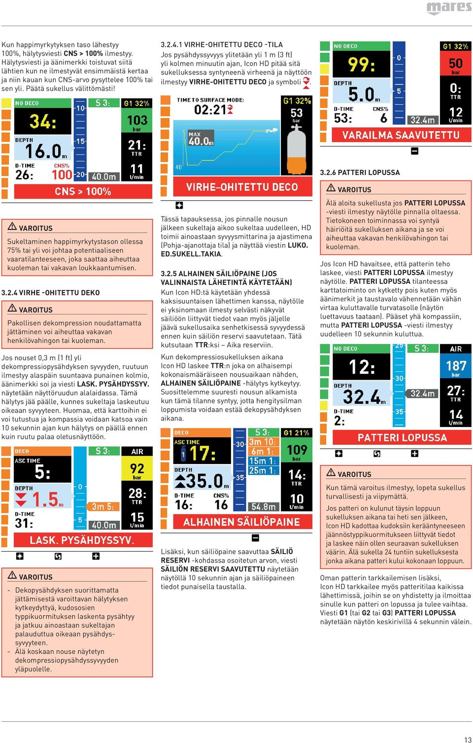 1 VIRHE-OHITETTU DECO -TILA Jos pysähdyssyvyys ylitetään yli 1 m (3 ft) yli kolmen minuutin ajan, Icon HD pitää sitä sukelluksessa syntyneenä virheenä ja näyttöön ilmestyy VIRHE-OHITETTU DECO ja