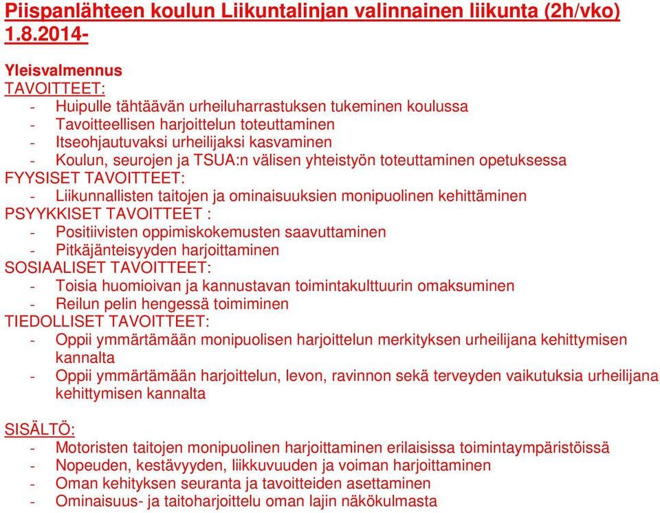 ja TSUA:n välisen yhteistyön toteuttaminen opetuksessa FYYSISET TAVOITTEET: - Liikunnallisten taitojen ja ominaisuuksien monipuolinen kehittäminen PSYYKKISET TAVOITTEET : - Positiivisten