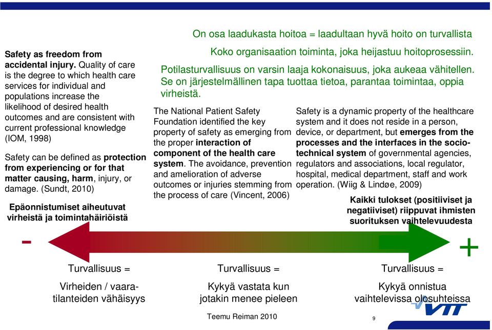 (IOM, 1998) Safety can be defined as protection from experiencing or for that matter causing, harm, injury, or damage.