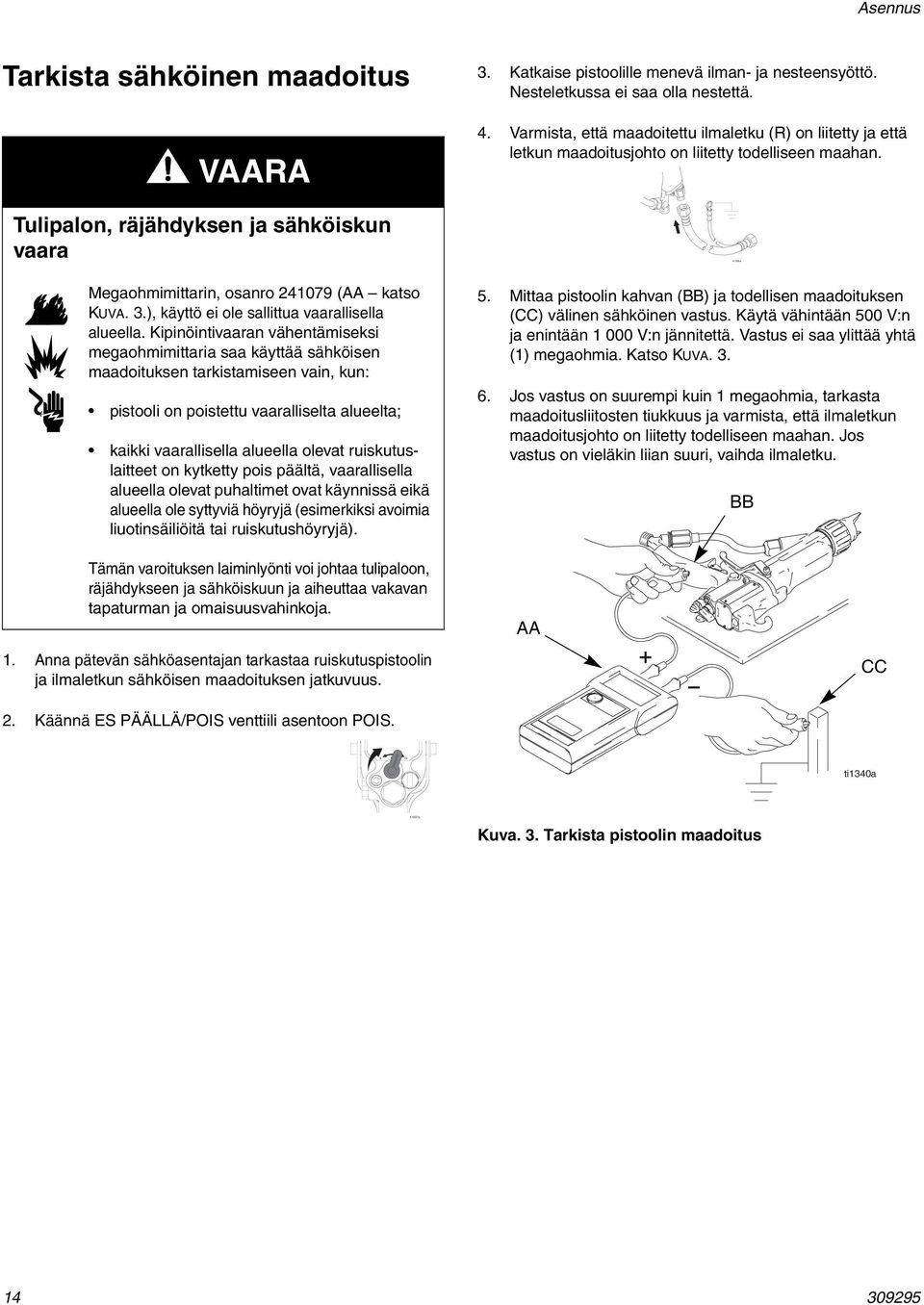 ruiskutuslaitteet on kytketty pois päältä, vaarallisella alueella olevat puhaltimet ovat käynnissä eikä alueella ole syttyviä höyryjä (esimerkiksi avoimia liuotinsäiliöitä tai ruiskutushöyryjä). 3.