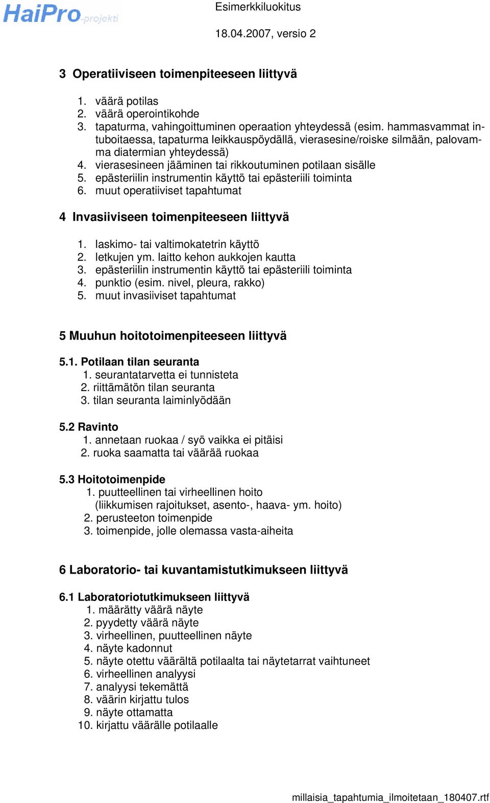 epästeriilin instrumentin käyttö tai epästeriili toiminta 6. muut operatiiviset tapahtumat 4 Invasiiviseen toimenpiteeseen liittyvä 1. laskimo- tai valtimokatetrin käyttö 2. letkujen ym.