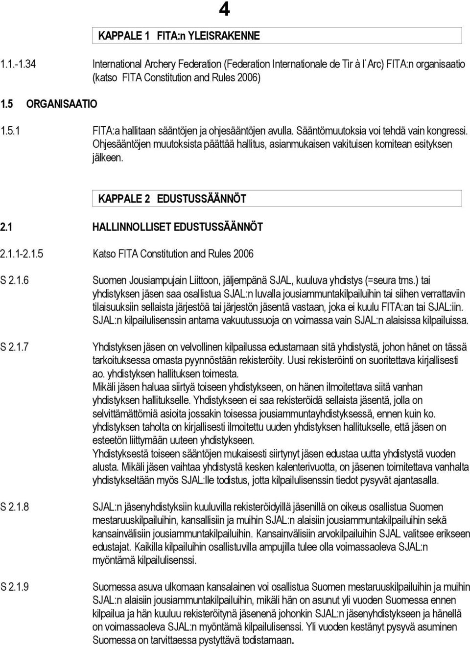Ohjesääntöjen muutoksista päättää hallitus, asianmukaisen vakituisen komitean esityksen jälkeen. KAPPALE 2 EDUSTUSSÄÄNNÖT 2.1 HALLINNOLLISET EDUSTUSSÄÄNNÖT 2.1.1-2.1.5 Katso FITA Constitution and Rules 2006 S 2.