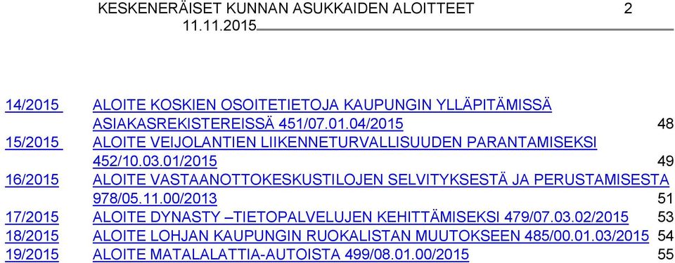 01/2015 49 16/2015 ALOITE VASTAANOTTOKESKUSTILOJEN SELVITYKSESTÄ JA PERUSTAMISESTA 978/05.11.