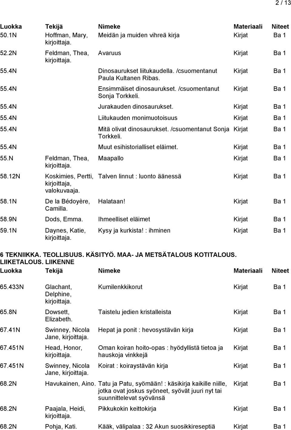 12N Koskimies, Pertti, kirjoittaja, valokuvaaja. 58.1N De la Bédoyère, Camilla. Maapallo Talven linnut : luonto äänessä Halataan! 58.9N Dods, Emma. Ihmeelliset eläimet 59.1N Daynes, Katie, 65.