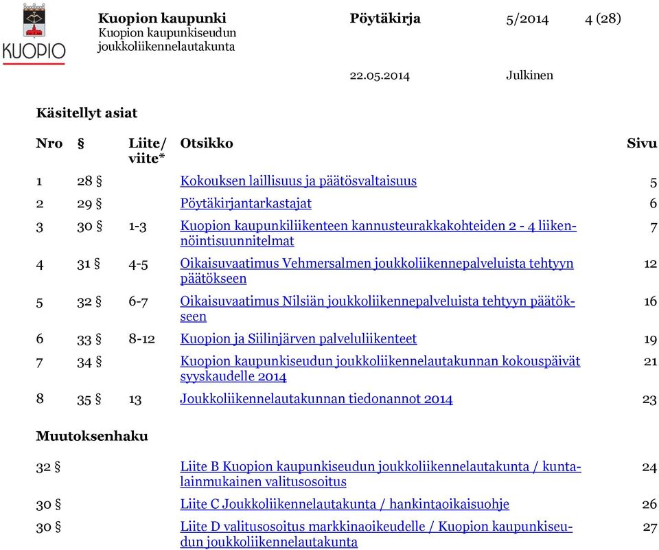 joukkoliikennepalveluista tehtyyn päätökseen 6 33 8-12 Kuopion ja Siilinjärven palveluliikenteet 19 7 34 joukkoliikennelautakunnan kokouspäivät syyskaudelle 2014 8 35 13 Joukkoliikennelautakunnan
