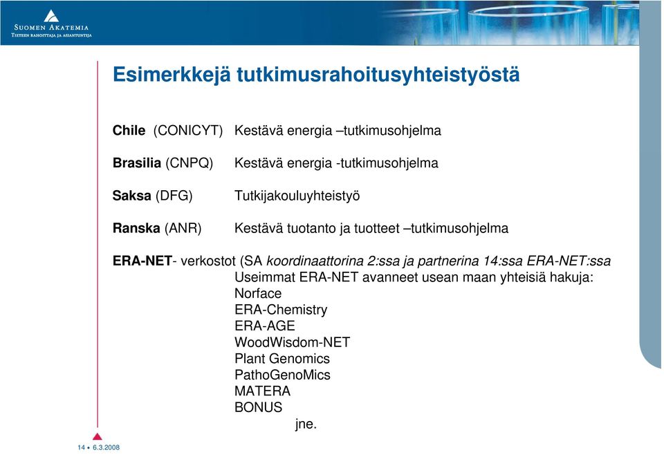 tutkimusohjelma 14 ERA-NET- verkostot (SA koordinaattorina 2:ssa ja partnerina 14:ssa ERA-NET:ssa Useimmat ERA-NET