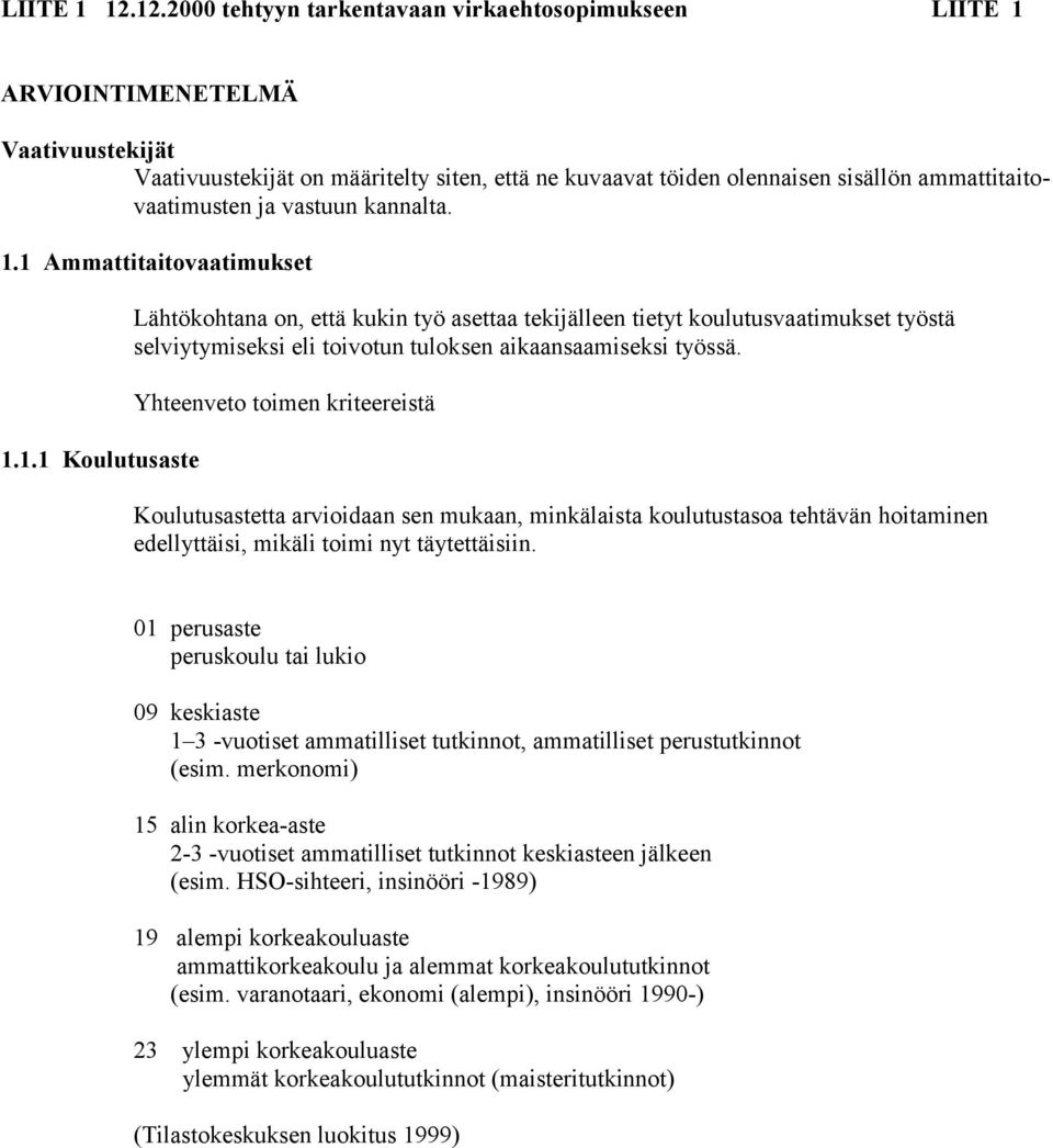 ja vastuun kannalta. 1.1 Ammattitaitovaatimukset 1.1.1 Koulutusaste Lähtökohtana on, että kukin työ asettaa tekijälleen tietyt koulutusvaatimukset työstä selviytymiseksi eli toivotun tuloksen aikaansaamiseksi työssä.