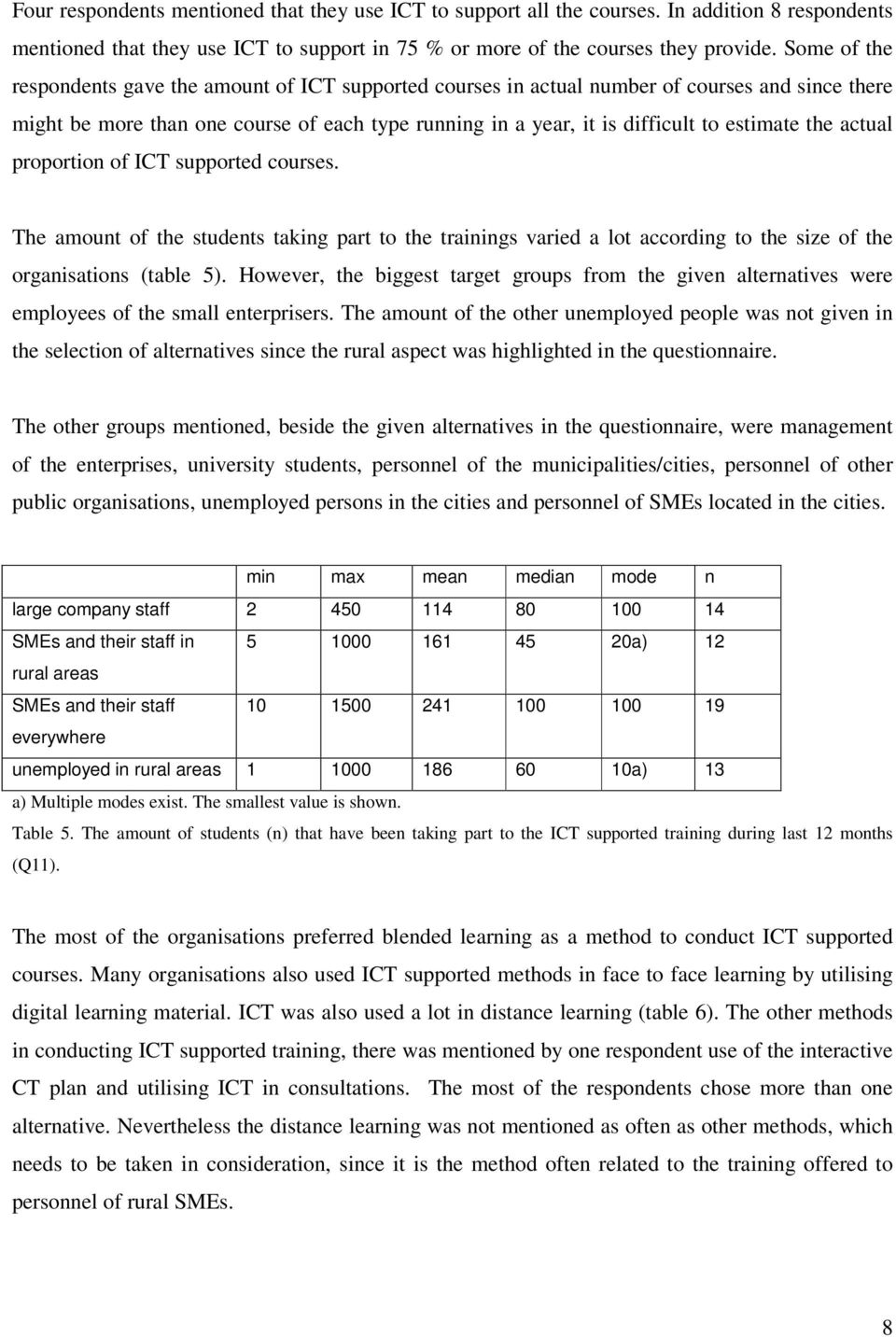 the actual proportion of ICT supported courses. The amount of the students taking part to the trainings varied a lot according to the size of the organisations (table 5).