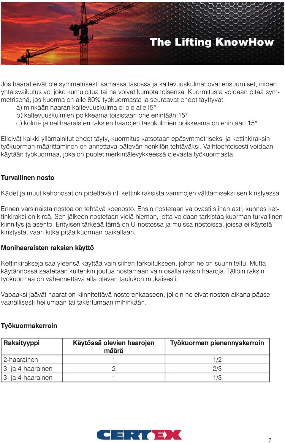 enintään 15 c) kolmi- ja nelihaaraisten raksien haarojen tasokulmien poikkeama on enintään 15 Elleivät kaikki yllämainitut ehdot täyty, kuormitus katsotaan epäsymmetriseksi ja kettinkiraksin