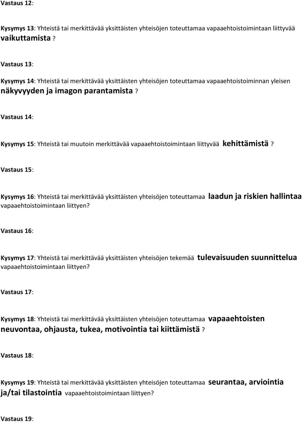 Vastaus 14: Kysymys 15: Yhteistä tai muutoin merkittävää vapaaehtoistoimintaan liittyvää kehittämistä?