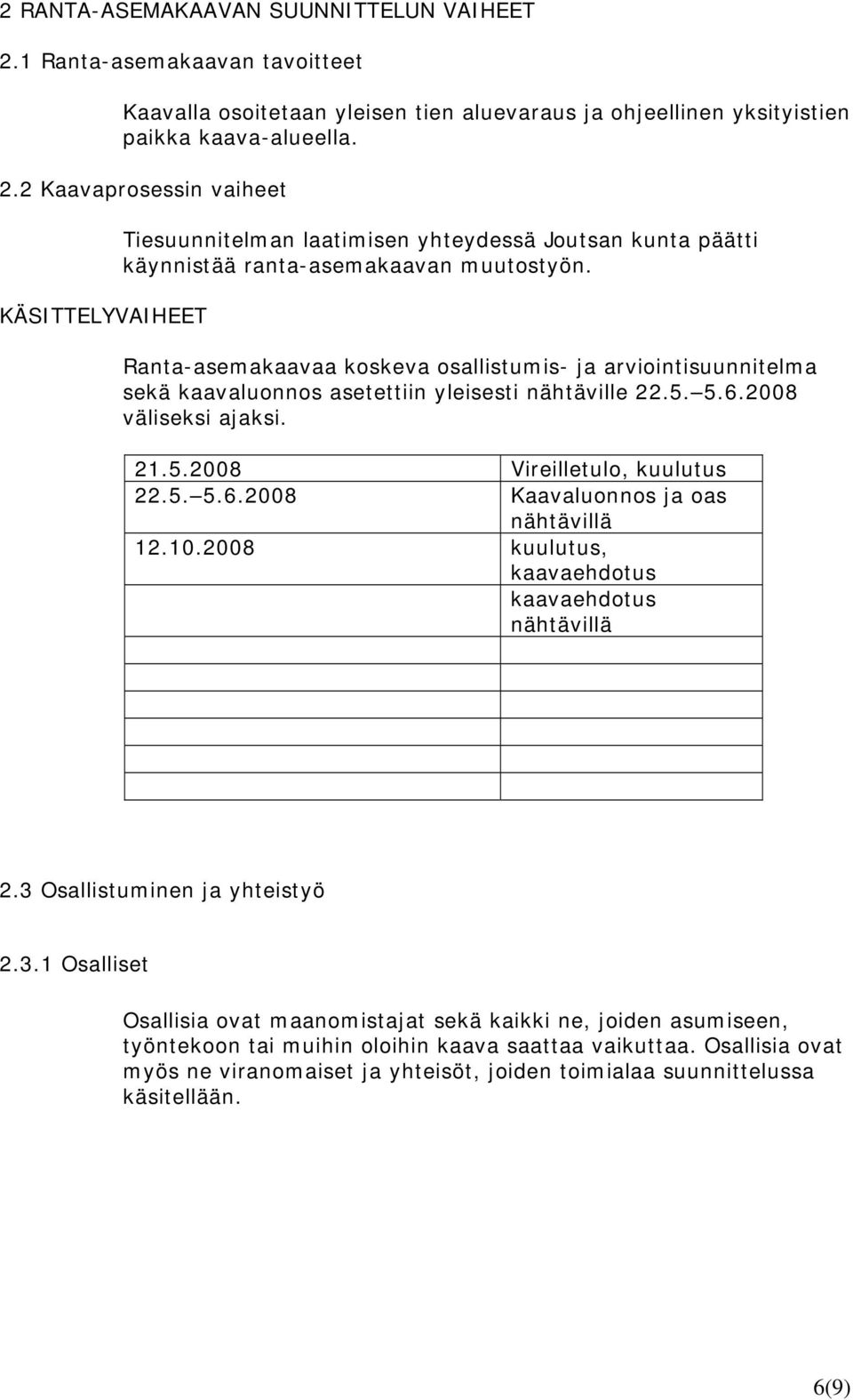 10.2008 kuulutus, kaavaehdotus kaavaehdotus nähtävillä 2.3 Osallistuminen ja yhteistyö 2.3.1 Osalliset Osallisia ovat maanomistajat sekä kaikki ne, joiden asumiseen, työntekoon tai muihin oloihin kaava saattaa vaikuttaa.