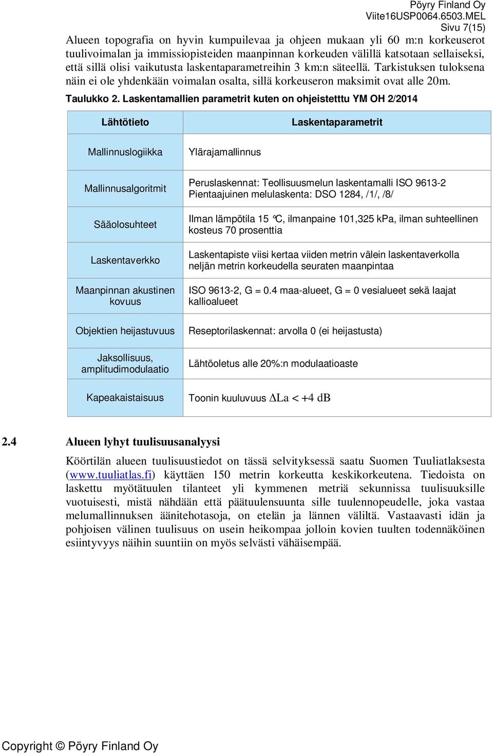 Laskentamallien parametrit kuten on ohjeistetttu YM OH 2/2014 Lähtötieto Laskentaparametrit Mallinnuslogiikka Ylärajamallinnus Mallinnusalgoritmit Sääolosuhteet Laskentaverkko Maanpinnan akustinen