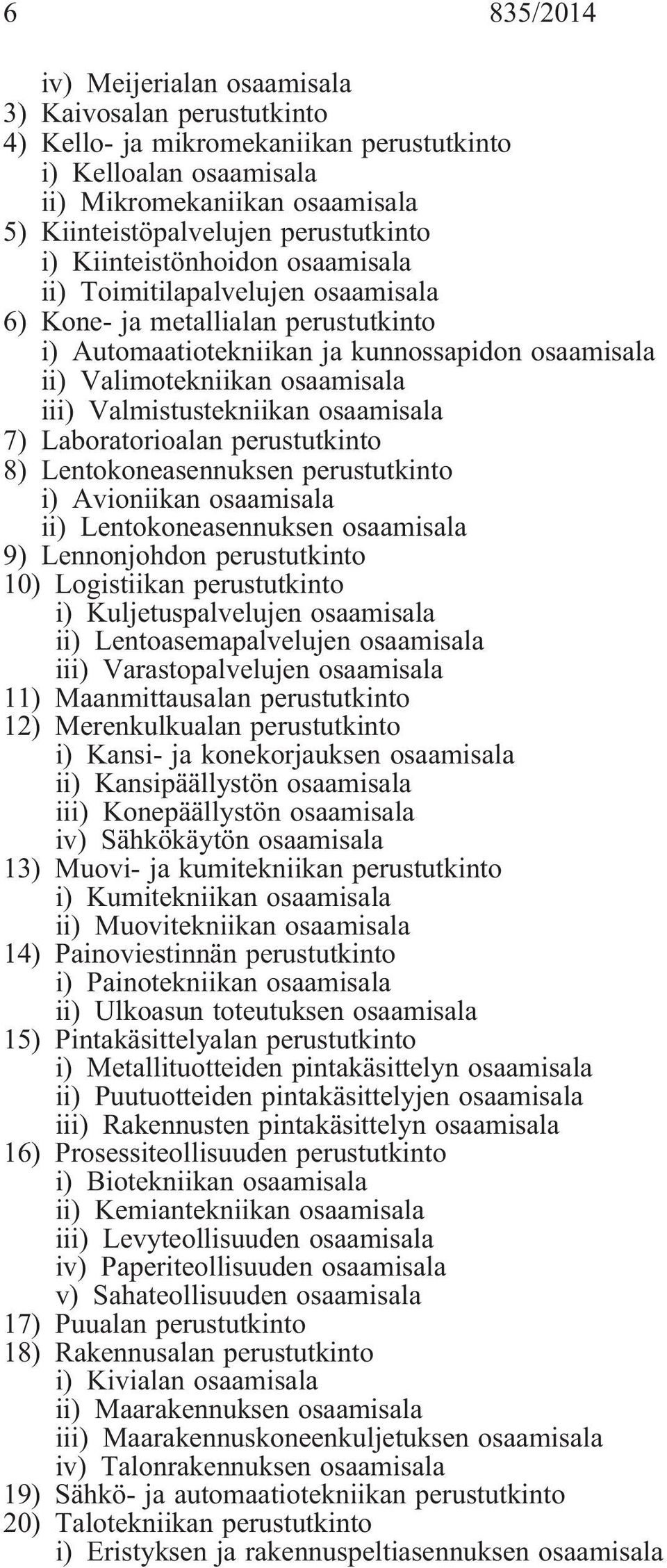 osaamisala iii) Valmistustekniikan osaamisala 7) Laboratorioalan perustutkinto 8) Lentokoneasennuksen perustutkinto i) Avioniikan osaamisala ii) Lentokoneasennuksen osaamisala 9) Lennonjohdon