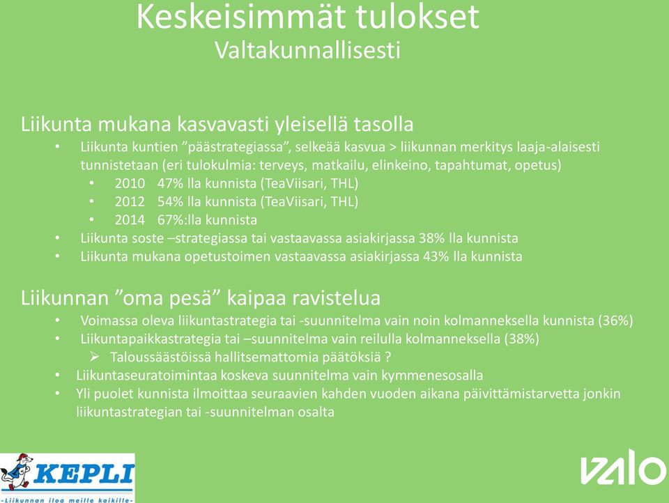 vastaavassa asiakirjassa 38% lla kunnista Liikunta mukana opetustoimen vastaavassa asiakirjassa 43% lla kunnista Liikunnan oma pesä kaipaa ravistelua Voimassa oleva liikuntastrategia tai -suunnitelma