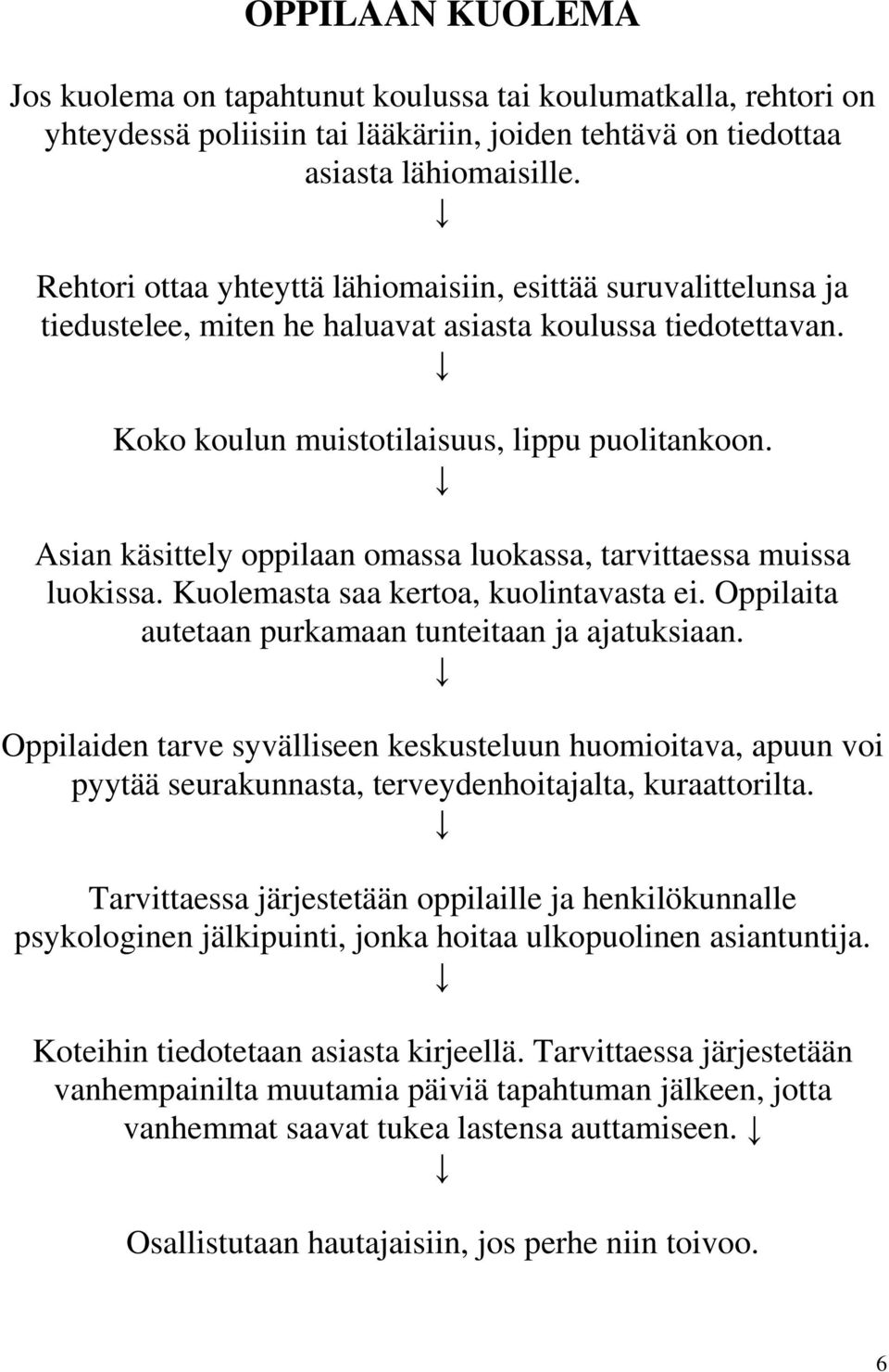 Asian käsittely oppilaan omassa luokassa, tarvittaessa muissa luokissa. Kuolemasta saa kertoa, kuolintavasta ei. Oppilaita autetaan purkamaan tunteitaan ja ajatuksiaan.