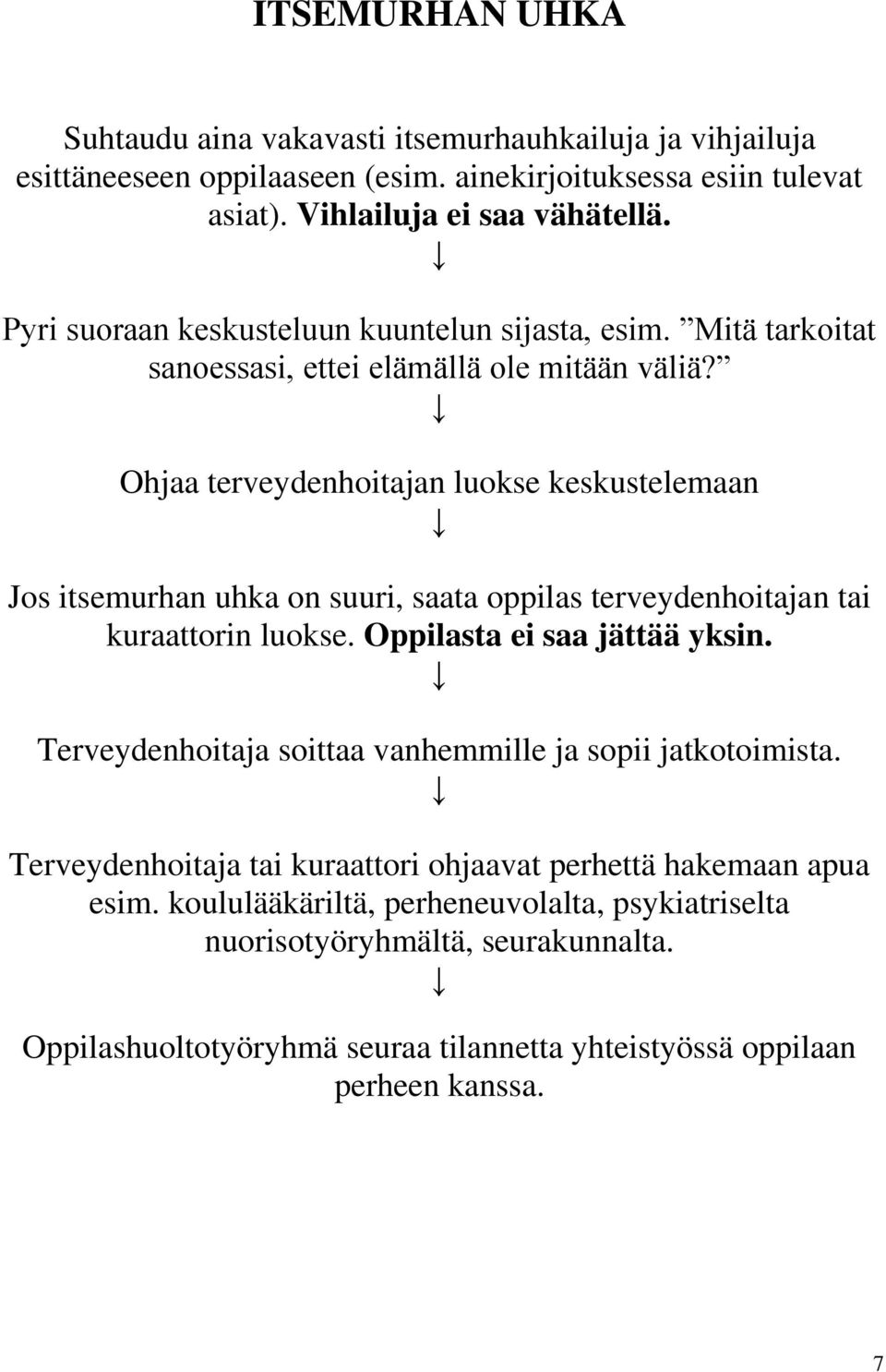 Ohjaa terveydenhoitajan luokse keskustelemaan Jos itsemurhan uhka on suuri, saata oppilas terveydenhoitajan tai kuraattorin luokse. Oppilasta ei saa jättää yksin.