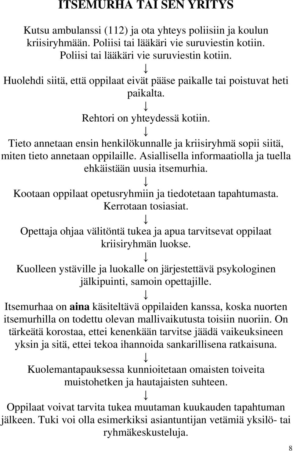 Tieto annetaan ensin henkilökunnalle ja kriisiryhmä sopii siitä, miten tieto annetaan oppilaille. Asiallisella informaatiolla ja tuella ehkäistään uusia itsemurhia.