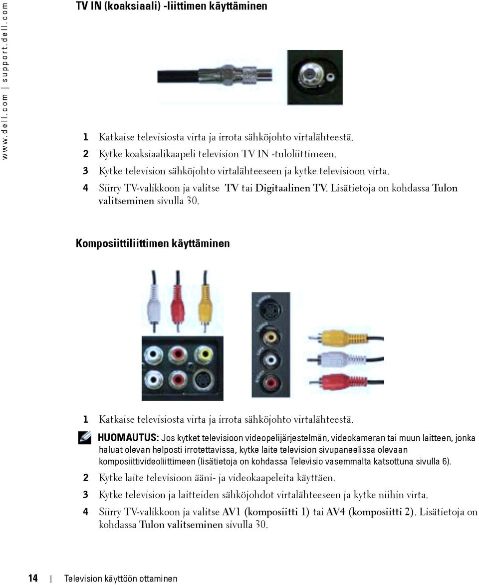 Komposiittiliittimen käyttäminen 1 Katkaise televisiosta virta ja irrota sähköjohto virtalähteestä.