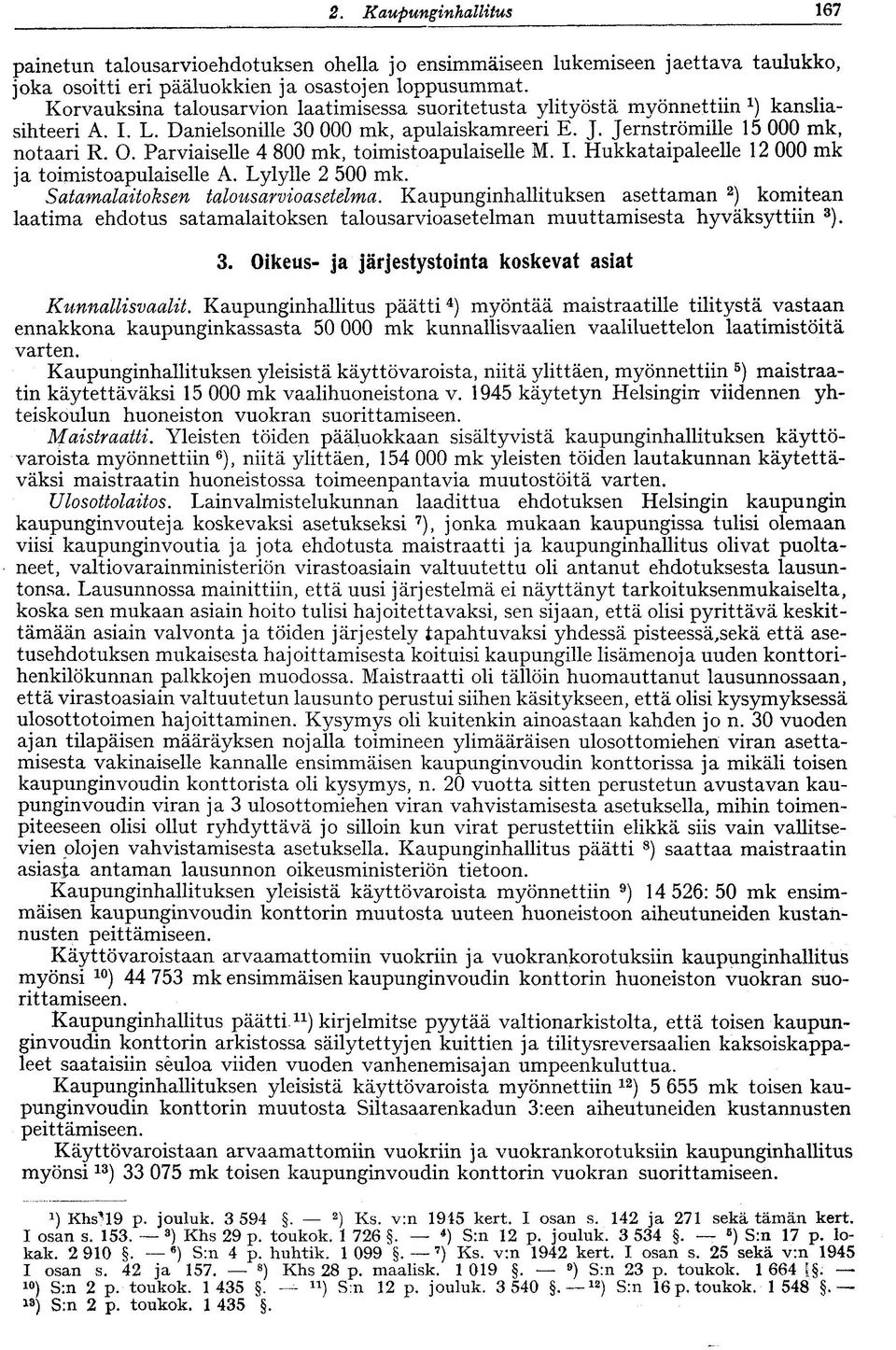 Parviaiselle 4 800 mk, toimistoapulaiselle M. I. Hukkataipaleelle 12 000 mk ja toimistoapulaiselle A. Lylylle 2 500 mk. Satamalaitoksen talousarvioasetelma.