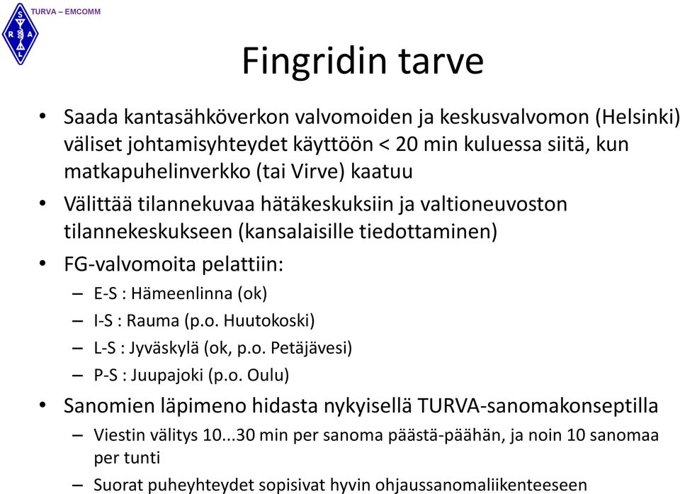 pelattiin: E-S : Hämeenlinna (ok) I-S : Rauma (p.o. Huutokoski) L-S : Jyväskylä (ok, p.o. Petäjävesi) P-S : Juupajoki (p.o. Oulu) Sanomien läpimeno hidasta nykyisellä TURVA-sanomakonseptilla Viestin välitys 10.