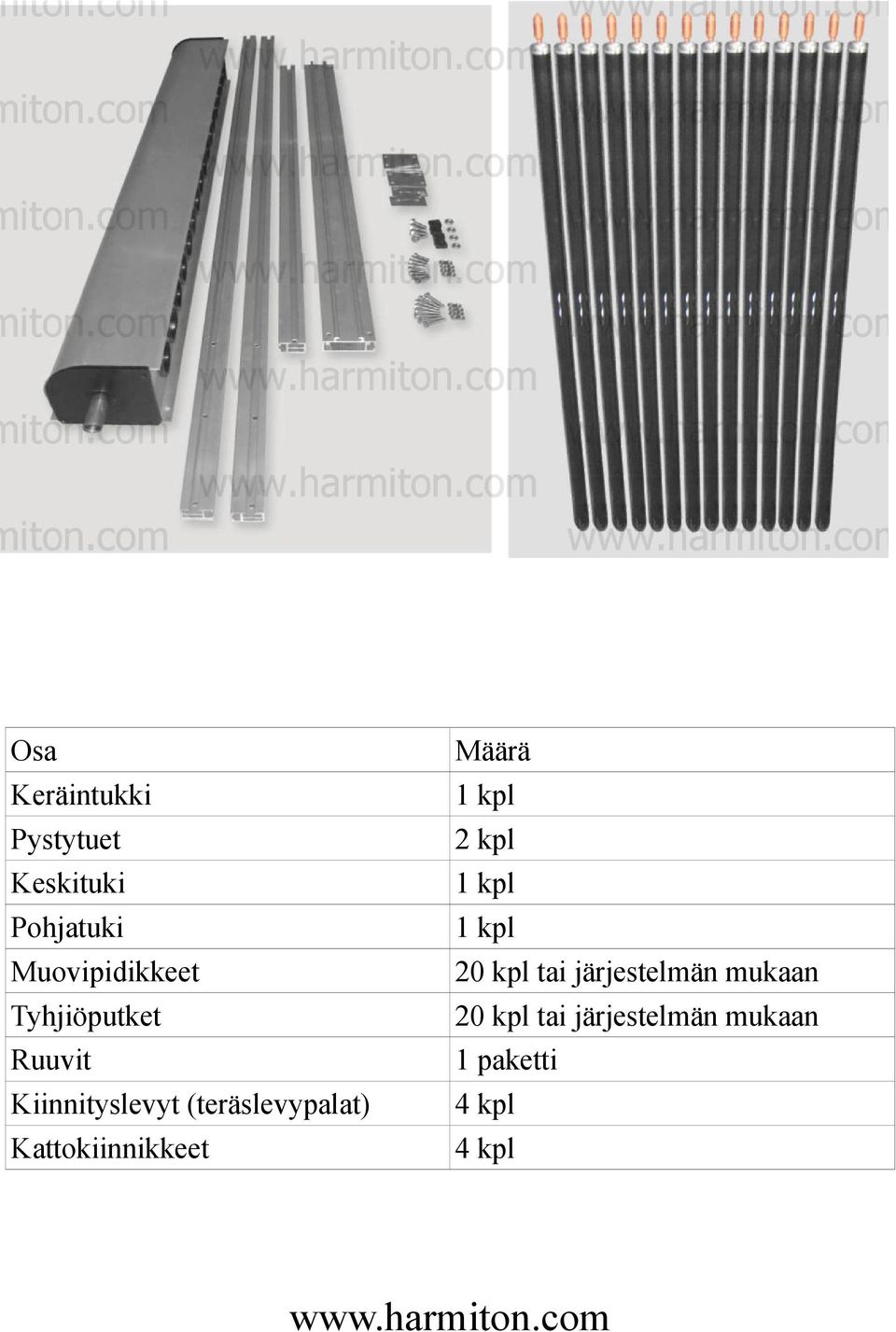 Kattokiinnikkeet Määrä 1 kpl 2 kpl 1 kpl 1 kpl 20 kpl tai