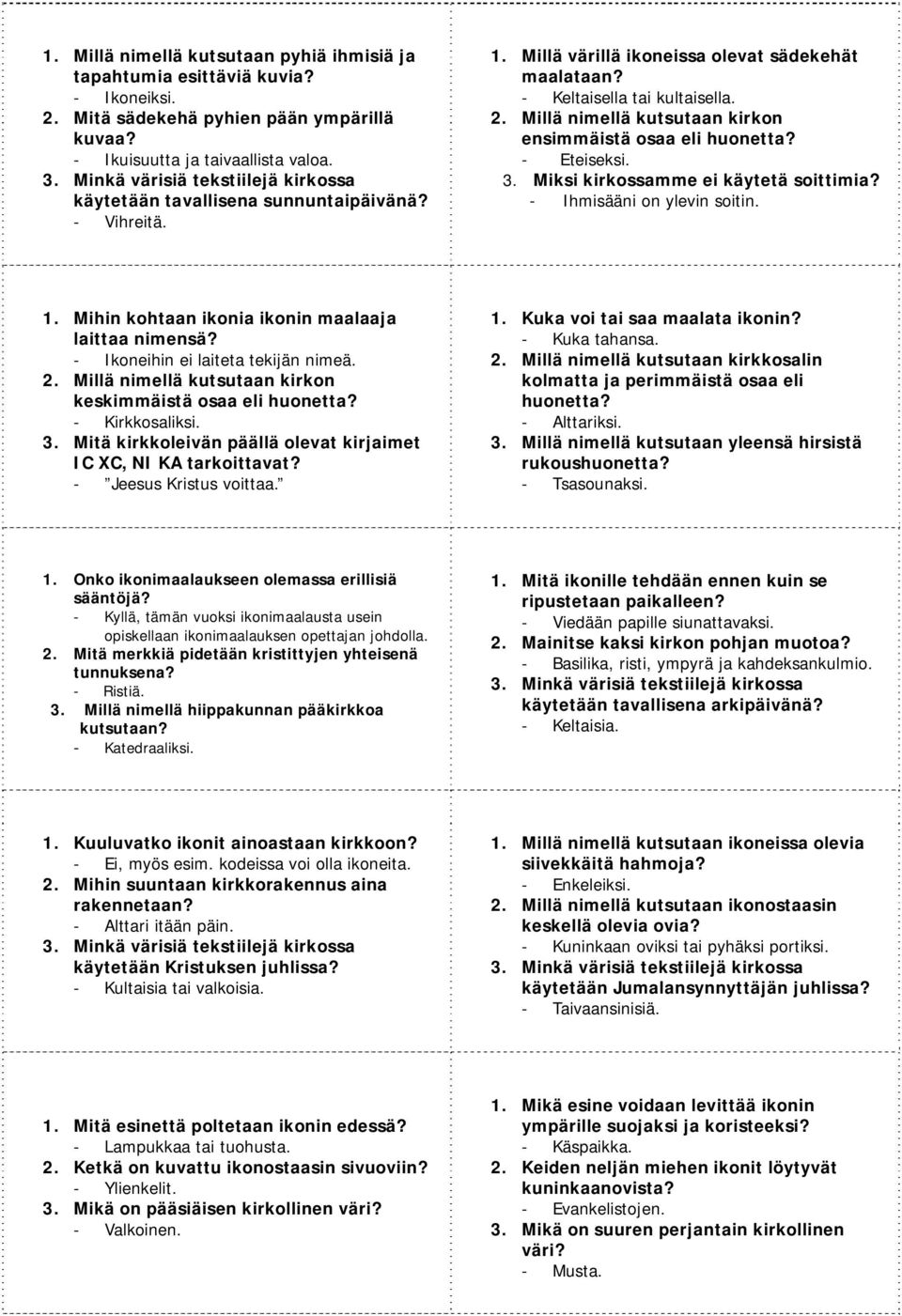 - Eteiseksi. 3. Miksi kirkossamme ei käytetä soittimia? - Ihmisääni on ylevin soitin. 1. Mihin kohtaan ikonia ikonin maalaaja laittaa nimensä? Ikoneihin ei laiteta tekijän nimeä. 2.