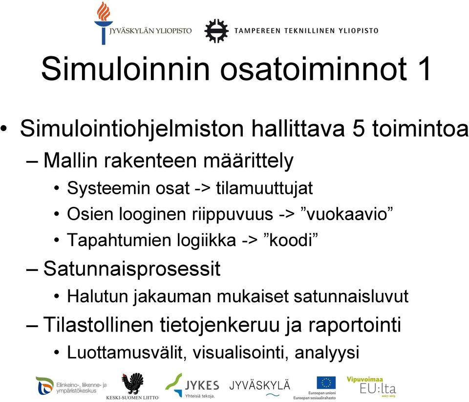 vuokaavio Tapahtumien logiikka -> koodi Satunnaisprosessit Halutun jakauman mukaiset