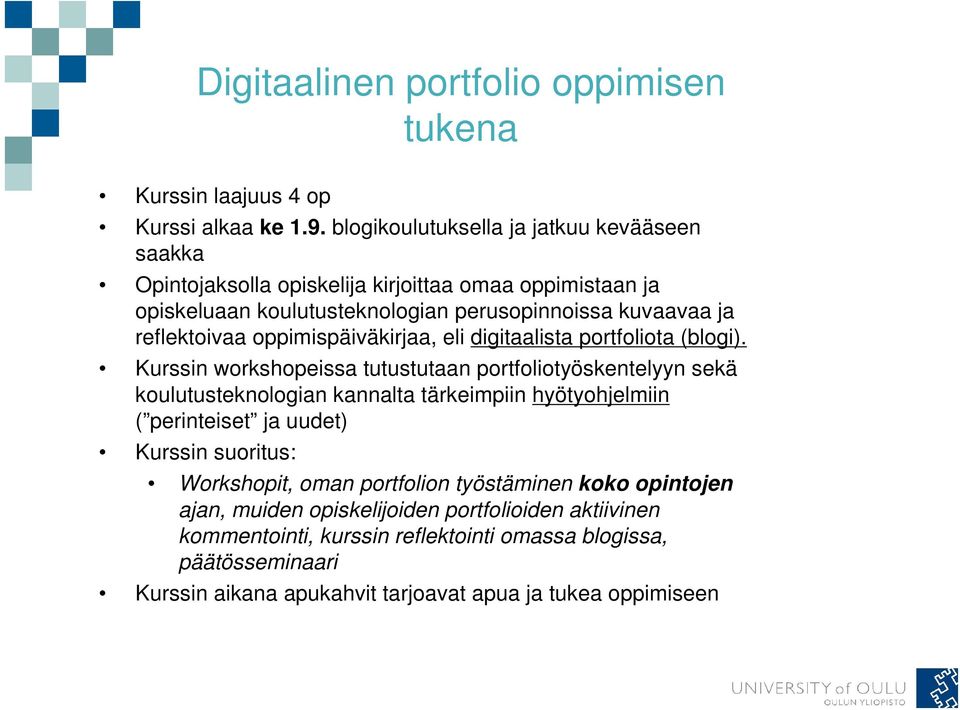 oppimispäiväkirjaa, eli digitaalista portfoliota (blogi).