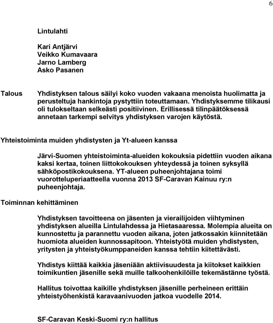 Yhteistoiminta muiden yhdistysten ja Yt-alueen kanssa Järvi-Suomen yhteistoiminta-alueiden kokouksia pidettiin vuoden aikana kaksi kertaa, toinen liittokokouksen yhteydessä ja toinen syksyllä