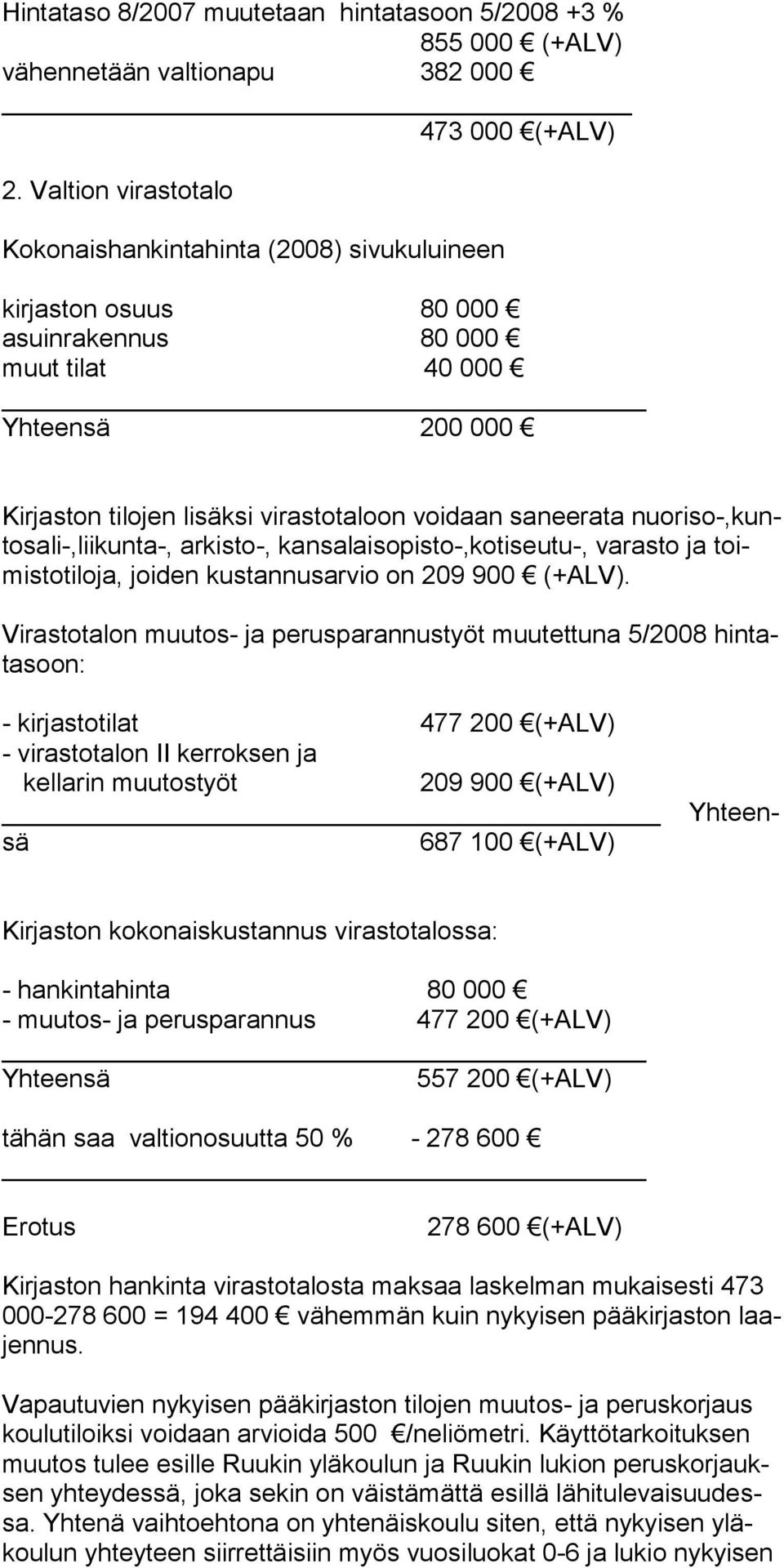 nuoriso-,kuntosali-,liikunta-, arkisto-, kansalaisopisto-,kotiseutu-, varasto ja toimistotiloja, joiden kustannusarvio on 209 900 (+ALV).