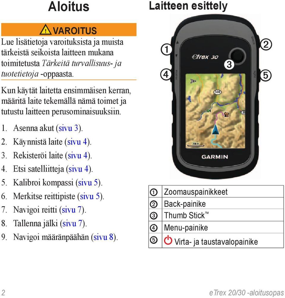 4. Etsi satelliitteja (sivu 4). 5. Kalibroi kompassi (sivu 5). 6. Merkitse reittipiste (sivu 5). 7. Navigoi reitti (sivu 7). 8. Tallenna jälki (sivu 7). 9.