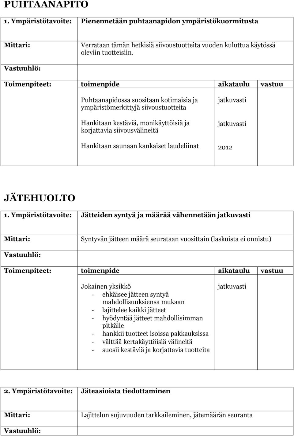 Ympäristötavoite: Jätteiden syntyä ja määrää vähennetään Syntyvän jätteen määrä seurataan vuosittain (laskuista ei onnistu) Jokainen yksikkö - ehkäisee jätteen syntyä mahdollisuuksiensa mukaan -