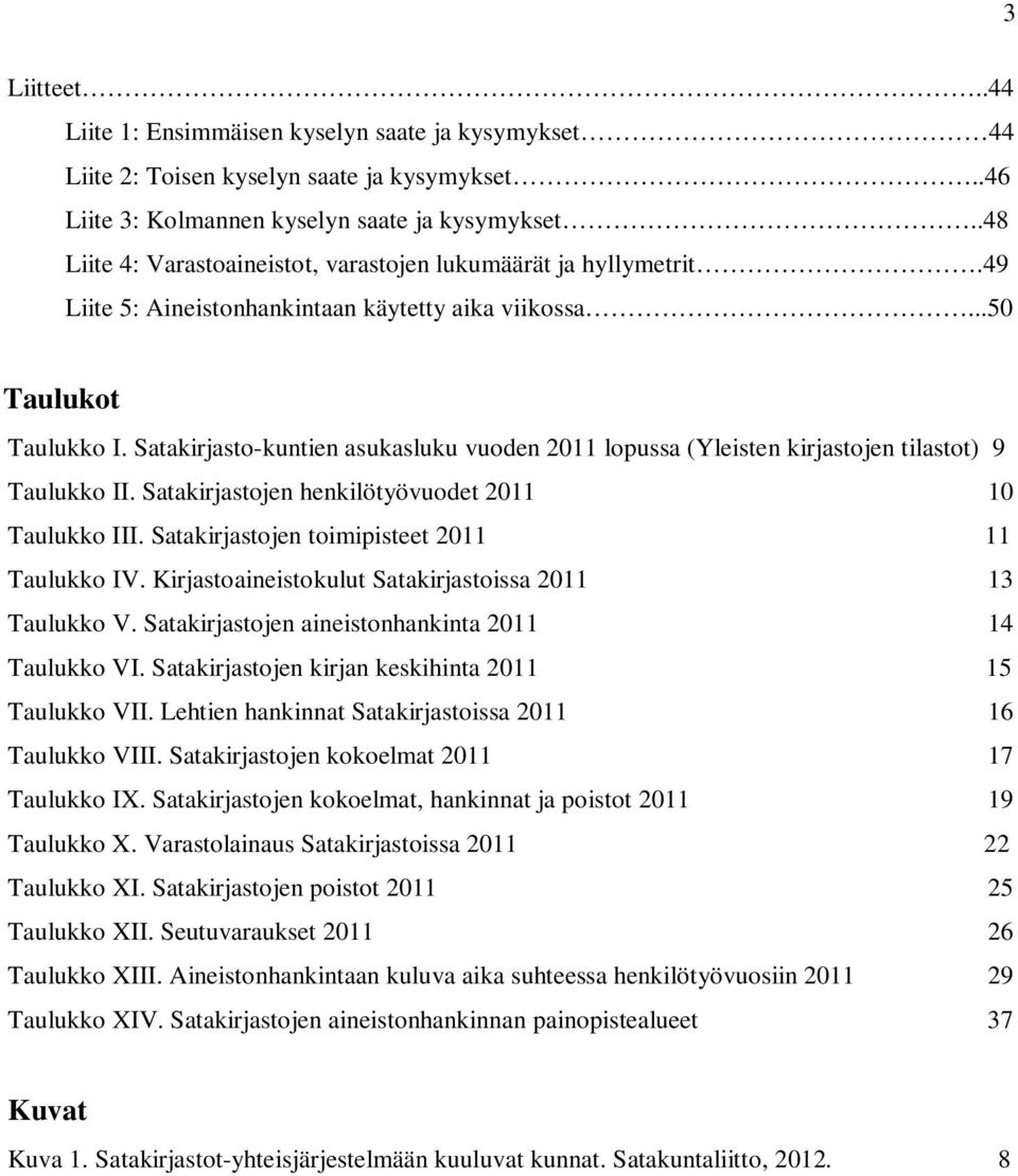 Satakirjasto-kuntien asukasluku vuoden 2011 lopussa (Yleisten kirjastojen tilastot) 9 Taulukko II. Satakirjastojen henkilötyövuodet 2011 10 Taulukko III.