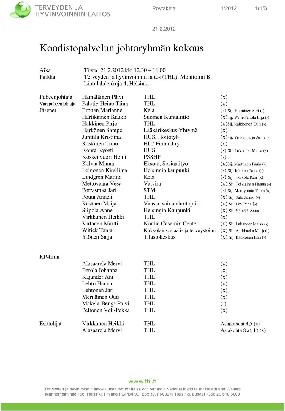 Kela (-) Sij. Helminen Sari (-) Hartikainen Kauko Suomen Kuntaliitto (x)sij. Wiili-Peltola Erja (-) Häkkinen Pirjo THL (x)sij.