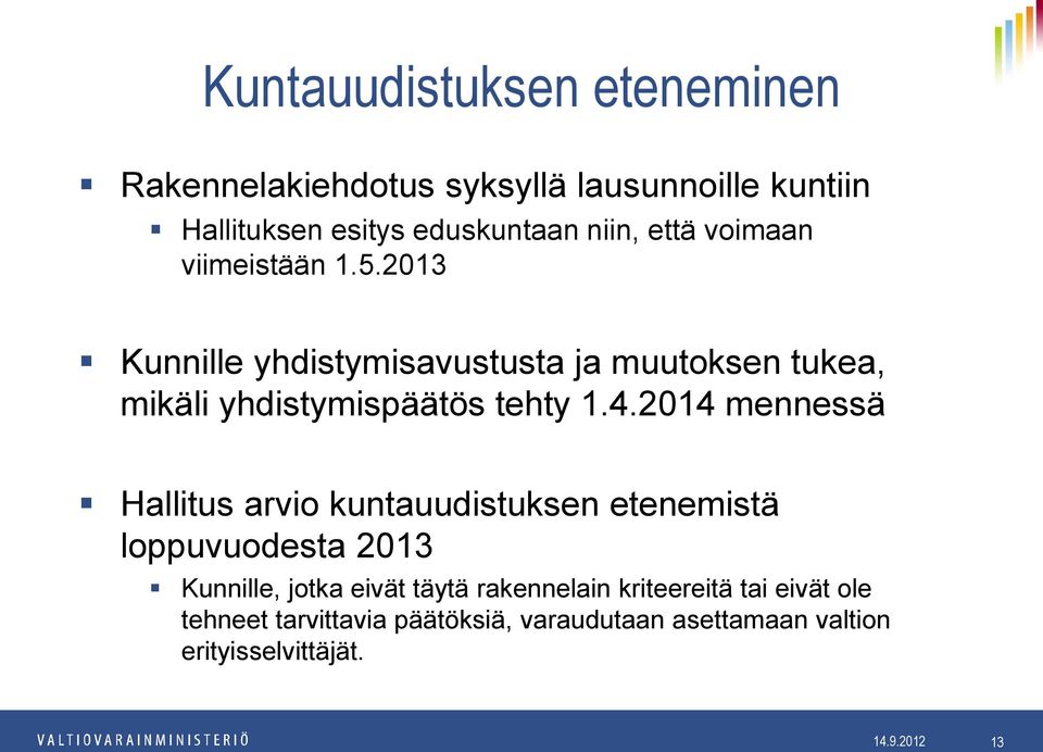 4.2014 mennessä Hallitus arvio kuntauudistuksen etenemistä loppuvuodesta 2013 Kunnille, jotka eivät täytä