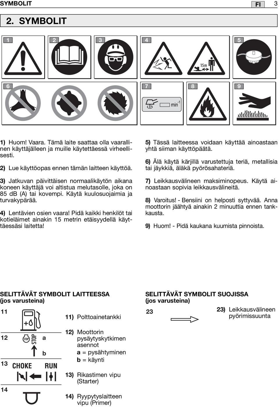 Pidä kaikki henkilöt tai kotieläimet ainakin 15 metrin etäisyydellä käyttäessäsi laitetta! 5) Tässä laitteessa voidaan käyttää ainoastaan yhtä siiman käyttöpäätä.