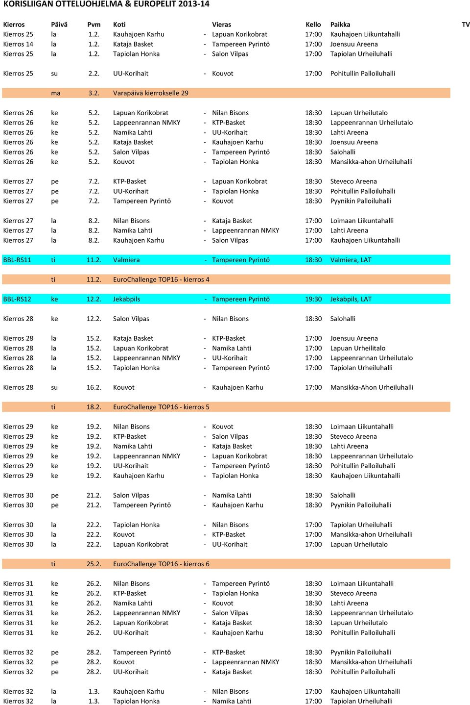 2. Namika Lahti - UU-Korihait 18:30 Lahti Areena Kierros 26 ke 5.2. Kataja Basket - Kauhajoen Karhu 18:30 Joensuu Areena Kierros 26 ke 5.2. Salon Vilpas - Tampereen Pyrintö 18:30 Salohalli Kierros 26 ke 5.