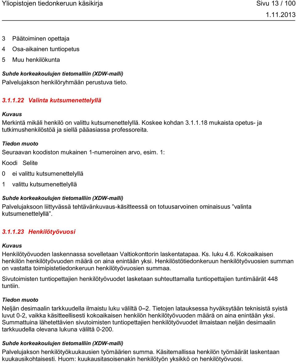 1: Koodi Selite 0 ei valittu kutsumenettelyllä 1 valittu kutsumenettelyllä Palvelujaksoon liittyvässä tehtävänkuvaus-käsitteessä on totuusarvoinen ominaisuus valinta kutsumenettelyllä. 3.1.1.23 Henkilötyövuosi Henkilötyövuoden laskennassa sovelletaan Valtiokonttorin laskentatapaa.