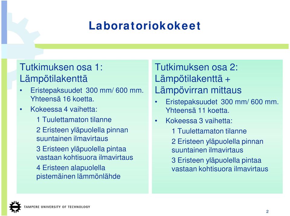 kohtisuora ilmavirtaus 4 Eristeen alapuolella pistemäinen lämmönlähde Tutkimuksen osa 2: Lämpötilakenttä + Lämpövirran mittaus Eristepaksuudet