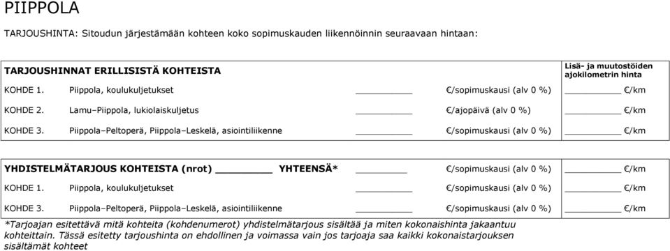 Piippola Peltoperä, Piippola Leskelä, asiointiliikenne /sopimuskausi (alv 0 %) /km YHDISTELMÄTARJOUS KOHTEISTA (nrot) YHTEENSÄ* /sopimuskausi (alv 0 %) /km KOHDE 1.