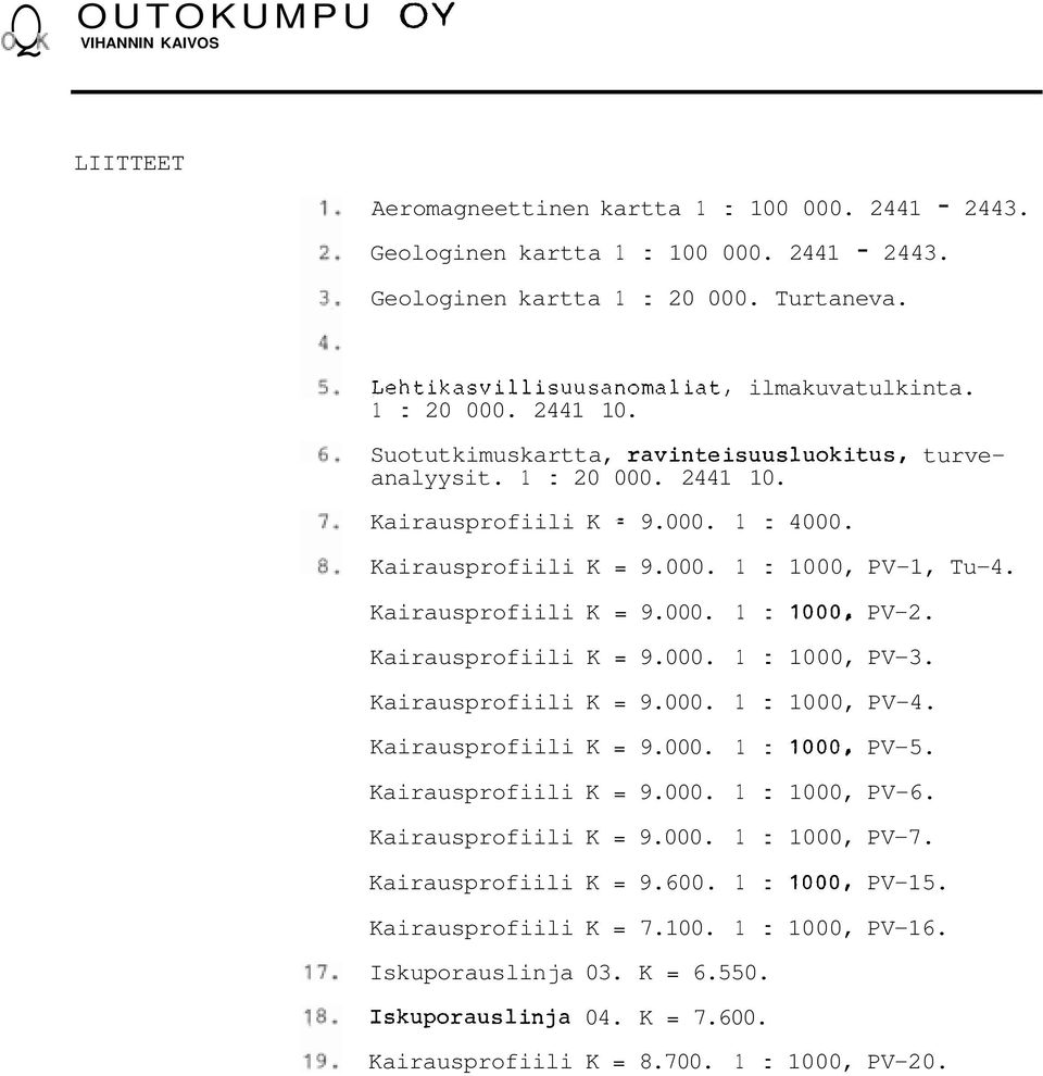Kairausprofiili K = 9.000. 1 : 1000, PV-1, Tu-4. Kairausprofiili K = 9.000. 1 : 1000, PV-2. Kairausprofiili K = 9.000. 1 : 1000, PV-3. Kairausprofiili K = 9.000. 1 : 1000, PV-4. Kairausprofiili K = 9.000. 1 : 1000, PV-5.