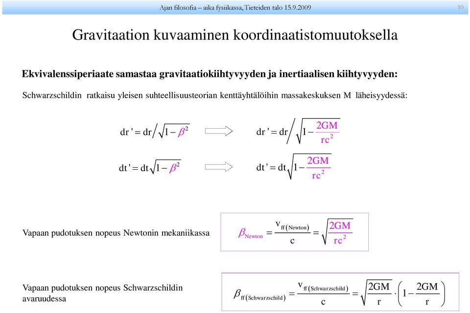 kiihtyvyyden: Shwazshildin atkaisu yleisen suhteellisuusteoian kenttäyhtälöihin massakeskuksen M läheisyydessä: d ' = d 1 β dt '