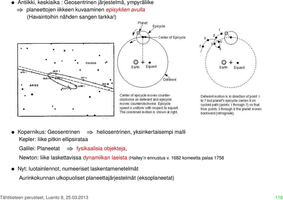 ) Kopernikus: Geosentrinen heliosentrinen, yksinkertaisempi malli Kepler: liike pitkin ellipsirataa Galilei: Planeetat fysikaalisia