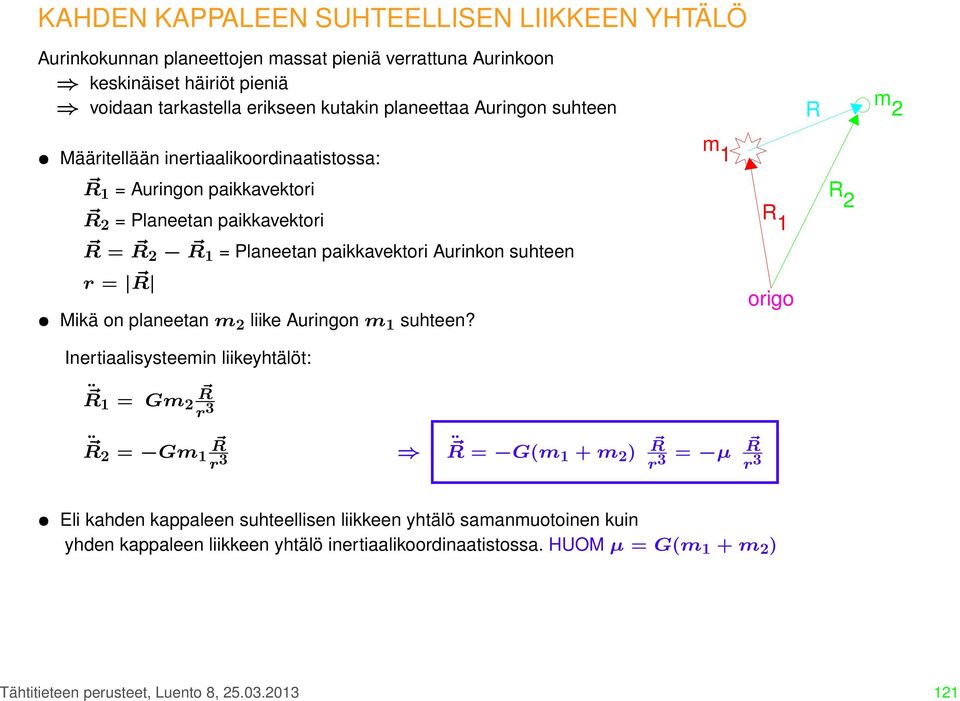 suhteen r = R Mikä on planeetan m 2 liike Auringon m 1 suhteen?