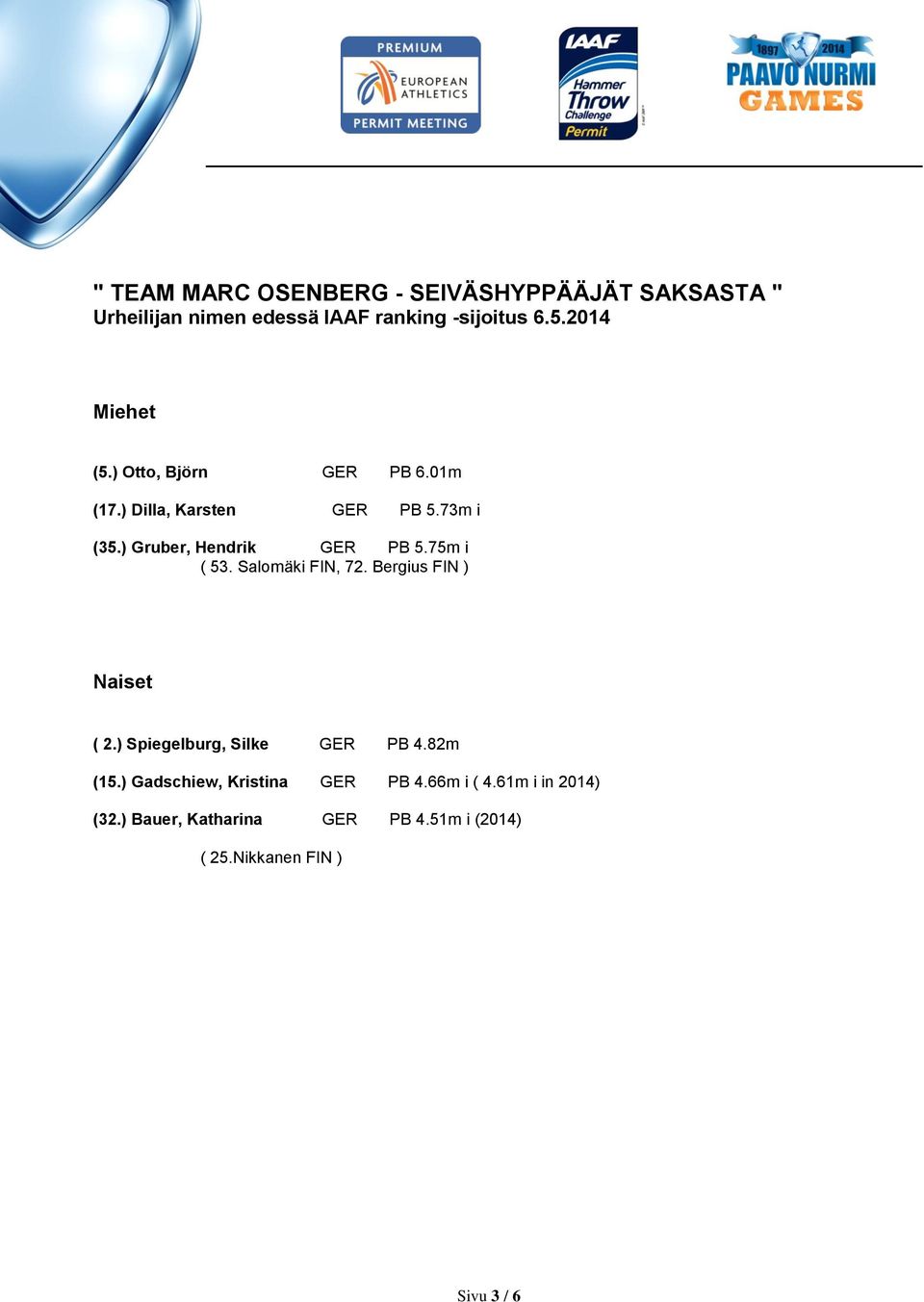 75m i ( 53. Salomäki FIN, 72. Bergius FIN ) Naiset ( 2.) Spiegelburg, Silke GER PB 4.82m (15.